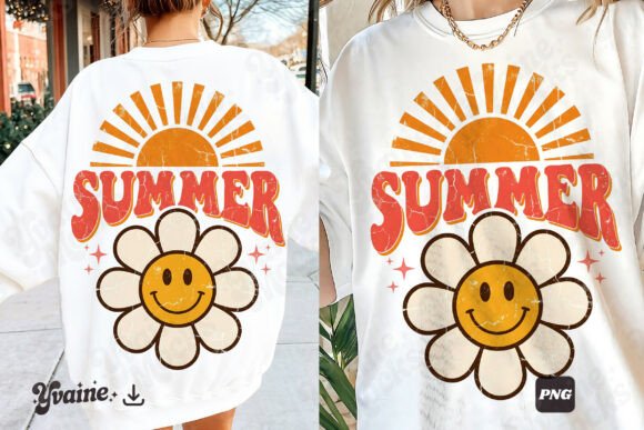 Retro Summer Flower Smile Daisy Sun PNG for Vibrant Design